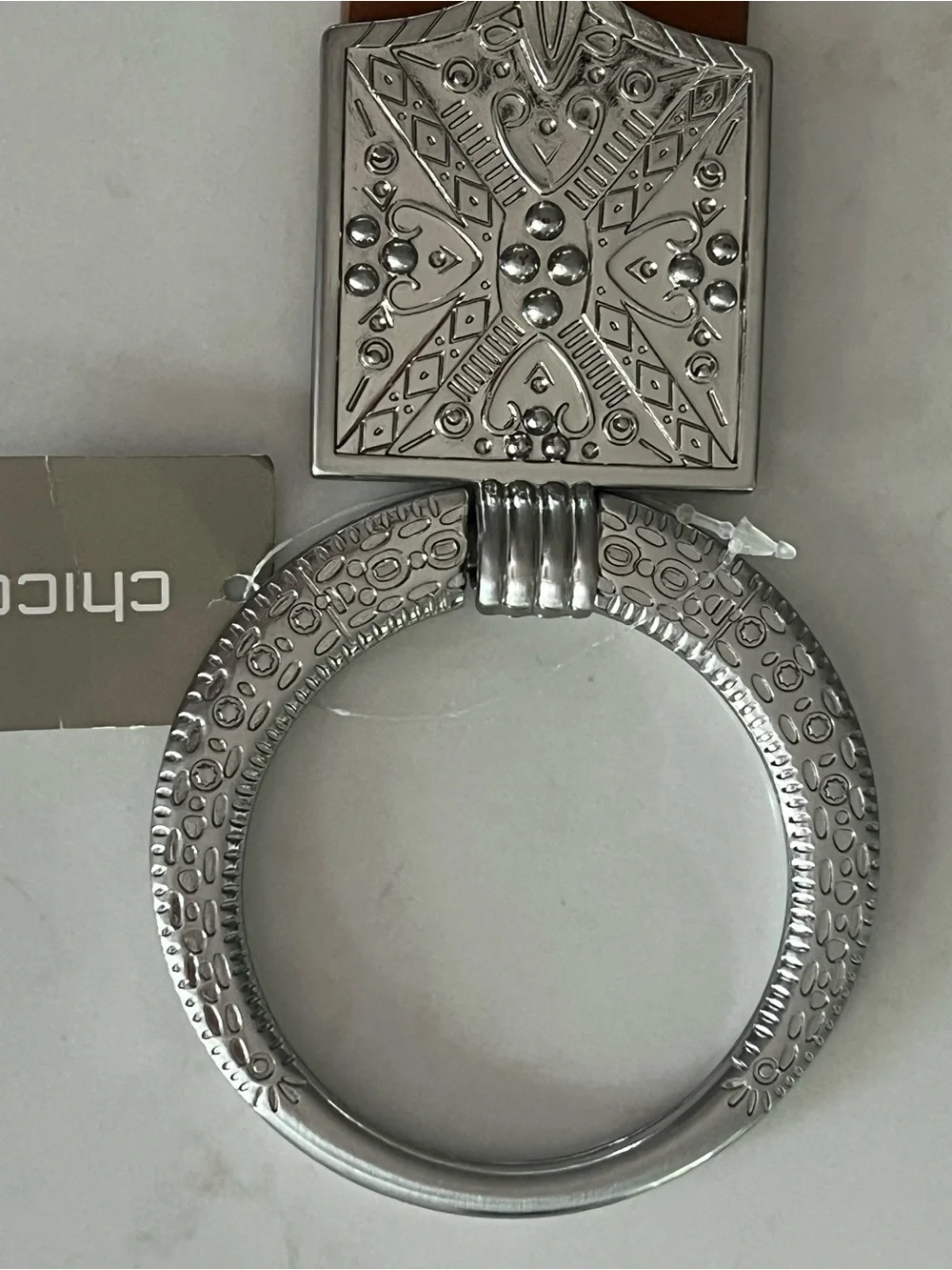 Chico’s Antoinette Slouch Belt S/M Cognac Brown Silver Statement Buckle